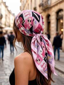 Cute Cat Print 90cm Silk Feeling Satin Square Scarf Light Green Summer Spring Fashion Shawl Wrap For Women Girls - Pink - View 1