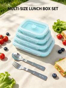 Collapsible Silicone Lunch Box Set With Lid, Food Storage Container, Collapsible Stainless Steel Utensils, Reusable, Portable, Suitable For Picnic, Camping, Office, School, Adult And Children Travel, Utensil Set, Collapsible Portable Lunch Box/Utensils, Fork, Spoon, Bento Box, Back To School Season - Multicolor - View 20