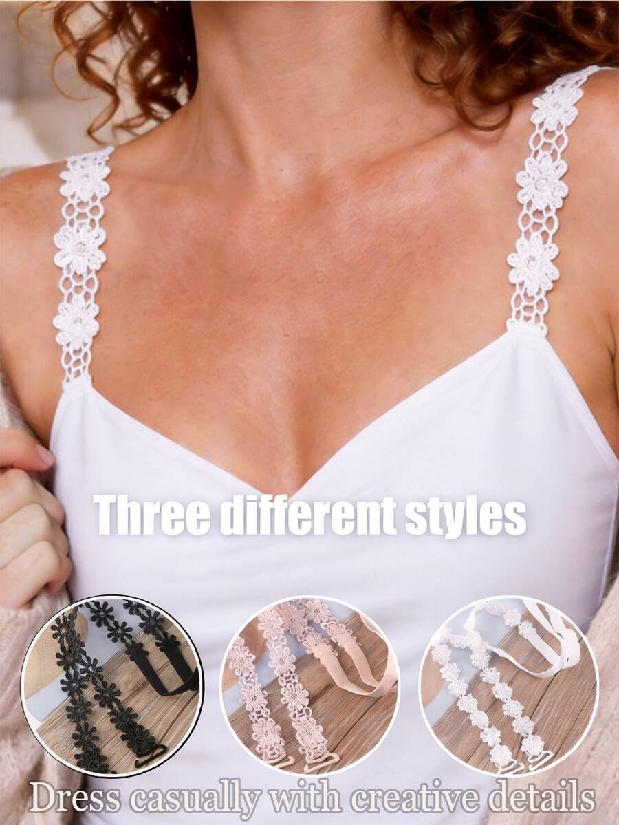 2 Stücke Damen Spitzenbesatz Träger BH, nahtlos unsichtbar Blumenmuster vielseitig gerader Ausschnitt Bralette - Mehrfarbig - Übersicht 1