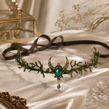 MESHUOKAI Halloween Elf Goddess Headpiece, Elegant Forest Style Green Gemstone Crown, Forest Elf Theme Party Accessory, Cosplay Headpiece - Multicolor - View 10