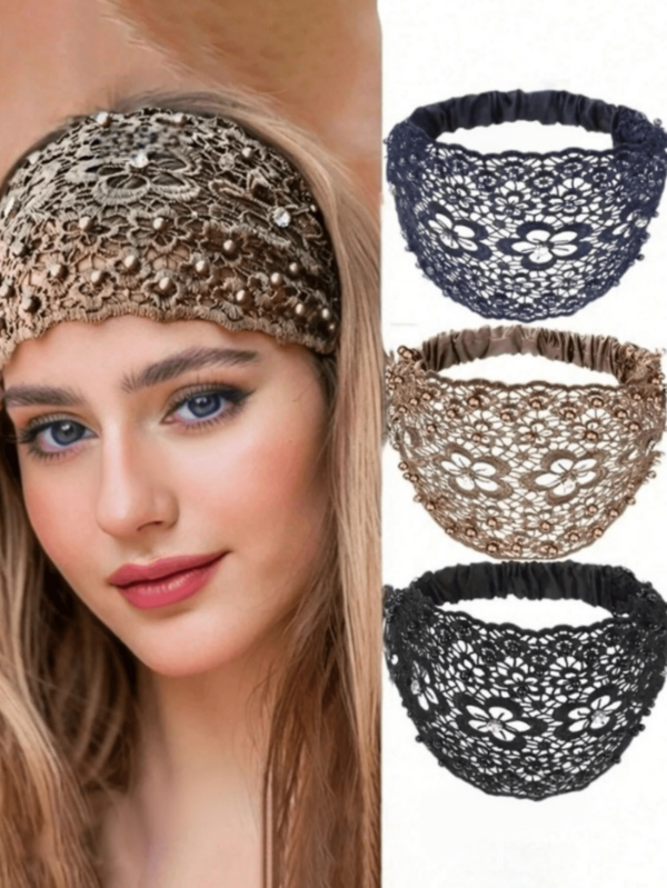 3/1pc Women's Lace Wide Hollow Out Headband, Bohemian Style Loose Elastic Headband With Eyelets, Floral Lace, Headband Style, Women's Hair Accessory, Summer, Daily Wear, Wedding