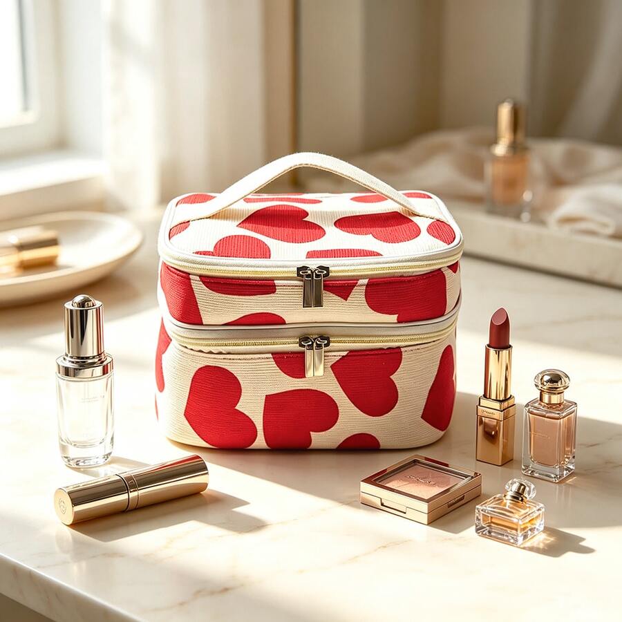 Corduroy Large Heart Double Layer Square Cosmetic Bag Women's Handbag Portable Makeup Organizer Bag Double Layer Storage - Red - View 1