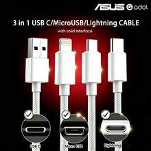 ASUS Kabel Pengisian Cepat 3-in-1, 1,2m/4ft, Kabel Pengisian Multi-Port, Dikepang untuk Ketahanan dan Anti-Putus, Kompatibel dengan iPhone 17 Pro Max, 16 Pro/15/14/13/12 dan Smartphone Lainnya. Antarmuka USB A ke Lightning/Type C/Micro USB. Cocok untuk ponsel, laptop, tablet, headphone, dan perangkat pintar lainnya. - Putih - View 1