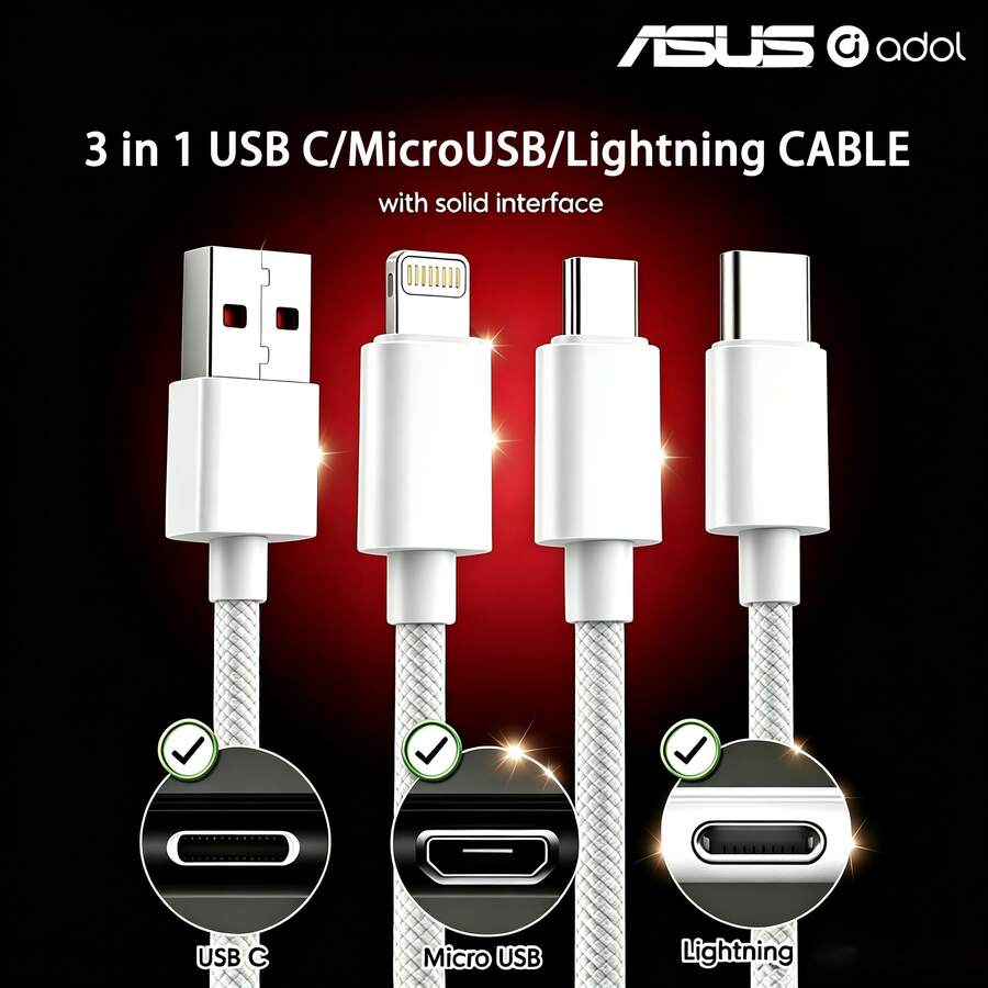 ASUS Kabel Pengisian Cepat 3-in-1, 1,2m/4ft, Kabel Pengisian Multi-Port, Dikepang untuk Ketahanan dan Anti-Putus, Kompatibel dengan iPhone 17 Pro Max, 16 Pro/15/14/13/12 dan Smartphone Lainnya. Antarmuka USB A ke Lightning/Type C/Micro USB. Cocok untuk ponsel, laptop, tablet, headphone, dan perangkat pintar lainnya. - Putih - View 1