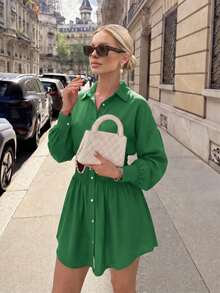 Blusa de moda de otoño para mujer, elegante vestido camisero de manga larga con estampado, cintura ceñida, plisado, corte ajustado y ligero para ir a la oficina - Verde - Ver 1