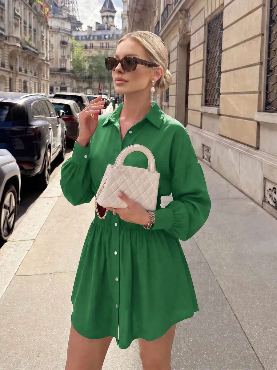 Blusa de moda de otoño para mujer, elegante vestido camisero de manga larga con estampado, cintura ceñida, plisado, corte ajustado y ligero para ir a la oficina - Verde - Ver 1