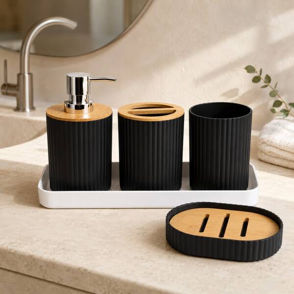 Juego de tocador de baño de bambú con rayas verticales mate de lujo moderno 5 piezas, botella dispensadora, portacepillos de dientes, vaso para enjuague bucal, jabonera, accesorios de baño para el hogar, alquiler, dormitorio, hotel, B&B, esencial para la vuelta a la escuela