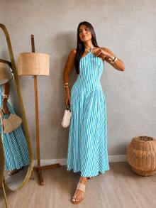 Women Long Dresses - Rayas azul turquesa - Ver 1