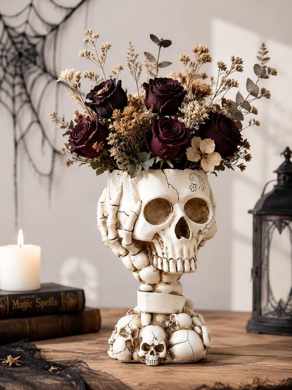 Jarrón de Calavera Gótica, Jarrón de Flores de Halloween con Arreglo de Rosas Negras, Decoración del Hogar de Academia Oscura, Jarrón de Cabeza de Calavera Único para Flores Secas, Adorno de Mesa Espeluznante, Decoración Vintage para Sala de Estar Dormitorio Estantería Oficina, Idea de Regalo de Decoración para Fiestas
