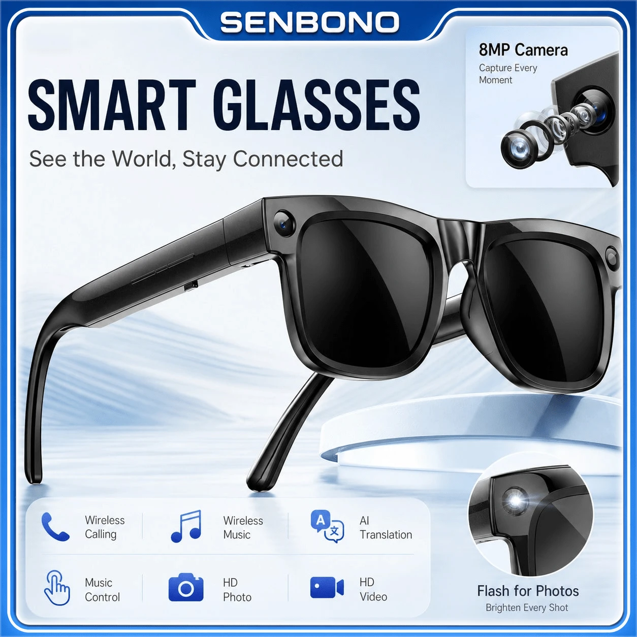 SENBONO Smart Glasses With 8MP HD Camera, Bluetooth Audio Glasses, Built-In Speaker And Microphone, Supports Hands-Free Video Recording And Photo Taking, Compatible With IOS/Android, Suitable For Men And Women