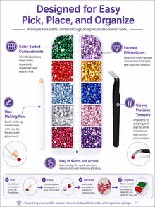 12 Colors Resin Rhinestones, With Pickup Pen And Tweezers, Multiple Sizes, AB Flat Back Round Rhinestones, 3D Colorful Gems, Suitable For Jewelry, Shoes, Clothing, Phone Case DIY - Multicolor - View 3