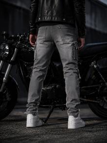 Ins Motorcycle Blogger Style Distressed Grey Ripped Raw Edge Cargo Denim Jeans With Multiple 3D Pockets Deconstructed Design Slim Fit Flattering Riding Denim Pants For Men - Grey - View 2