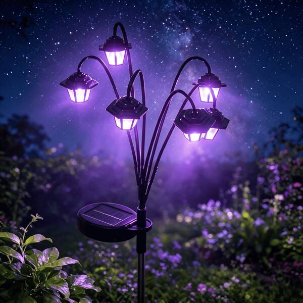 1Pc Purple Solar Powered 6 Heads Vintage Lantern Stake Light, Waterproof Outdoor Garden Path Light, Halloween Yard Patio Pond Decorative Lighting