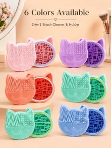 2-In-1 Silicone Makeup Brush Cleaning Pad With Brush Drying Rack, Portable Cat-Shaped Makeup Brush Cleaning Pad, Manual Makeup Brush Cleaning Machine - Multicolor - View 10