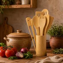 8 piezas/1 pieza Juego de utensilios de cocina de bambú con cubo de almacenamiento para cubiertos y pinzas para alimentos - Albaricoque - Ver 8