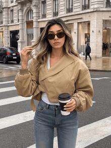GDDYIN Women's New Casual Streetwear Oversized Lapel Short Coats - Khaki - View 3