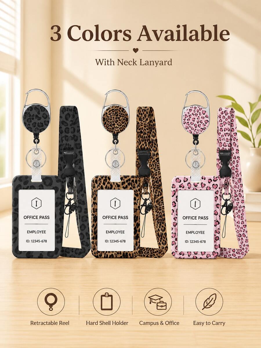 1pc Cute Printed Hard Card Holder With Lanyard & Retractable Badge Reel, Multiple Patterns ID Badge Cover, Back-To-School & Office Essential Staff Name Tag Organizer - Multiple Styles - View 1