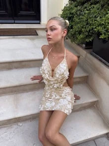 Summer Skirt Vacay Vibes, Suitable For Curvy Figures, Summer Dress Vestitini, Elegant Formal Gown, Women's Summer Dress, Women's , Party, Elegant, Romantic, Sexy, Woman's Dress, Beach, Wedding, Formal Dinner, Music Festival, Wedding Guest, Stage And Concert, Fall Women - Apricot - View 2