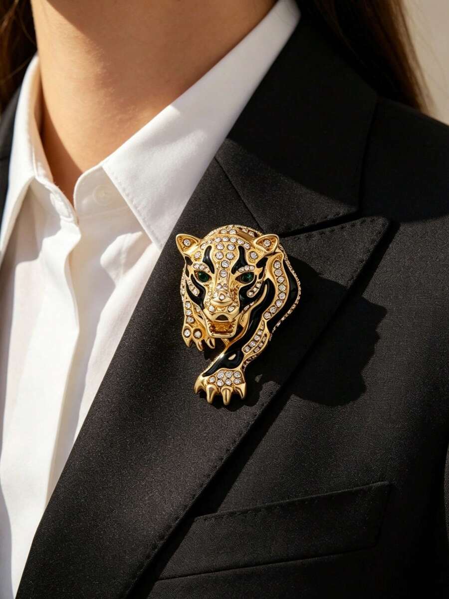 1件時尚金屬水鑽虎頭胸針,適合男士休閒西裝(無盒裝),可別在衣服、包包、配件上 - 金色 - 查看 1