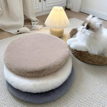 1pc Nordic Style Light-Toned Solid Color Easy Modern Round Faux Rabbit Fabric Soft Round Decorative Rug, Seat Cushion, Pet Cushion, Washable Material For Photography Props, Creating Warm And Atmospheric Home Decor