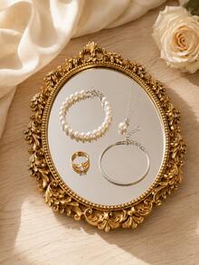 Vintage Gold Oval Mirror Jewelry Tray, Baroque Carved Vanity Storage Box, Suitable For Rings, Earrings, Necklaces And Bracelets - Premium Mirror Storage - View 8