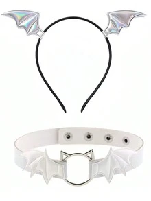1 Set Halloween Bat Wings Headband Rose Mesh Choker Necklace Costume Accessory Set, Halloween Festival New Costume Props - A - View 11