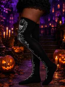 1 Pair Women's Halloween Skeleton Vine Thigh High Socks, Original Gothic Floral Over-The-Knee Socks, Suitable For Party Cosplay Outfit - Black - View 2