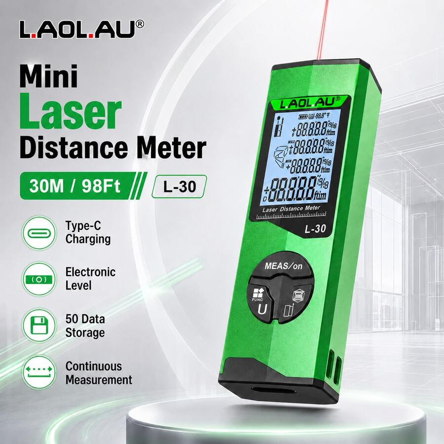 L.A.OL.A.U L.AOL.AU 新款家居裝飾雷射測距儀 30m / 50m 可選 Type-C 充電式 高精度多模式測量 50 組數據儲存 電子角度 (僅限 50m 型號) 迷你便攜式裝修測量工具