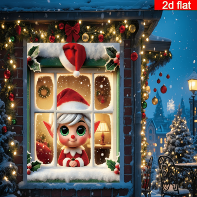 2D Flat Christmas Elf Window Backdrop, Green-Eyed Christmas Elf Peeking Through Window, Red Hat With White Trim And Holly Decoration, Warm Yellow Light And Snowy Scene Blending, Creating A Cozy Atmosphere, Suitable For Christmas Parties, Holiday Gatherings, Wall Decor, Photography Background, Polyester Material Durable And Odorless, Fits Various Indoor And Outdoor Scenes, Easily Create A Dreamy And Cute Christmas Scene, No Power Needed To Light Up Holiday Atmosphere, Adding A Fairy Tale Feel To Various Christmas Theme Events, A Premium Choice For Christmas Decoration