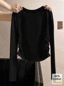 Women's Autumn/Winter Long Sleeve V-Neck Black T-Shirt, Versatile Slimming Solid Color Base Layer Top Casual - Black - View 2