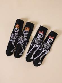 2 Pairs Halloween Skeleton Print Mid-Calf Socks, Bowknot Pumpkin Skeleton Personalized Women's Socks, Gothic Style Holiday Party Socks - Black - View 5