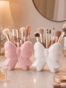 1/2 piezas Juego de cajas de almacenamiento de cosméticos con forma de lazo, soporte para brochas de maquillaje adecuado para tocador, dormitorio, baño, decoración del hogar linda, regalo para damas y amigas, decoración de sala de maquillaje, bolsa de maquillaje, artículo de viaje esencial - Multicolor - Ver 2