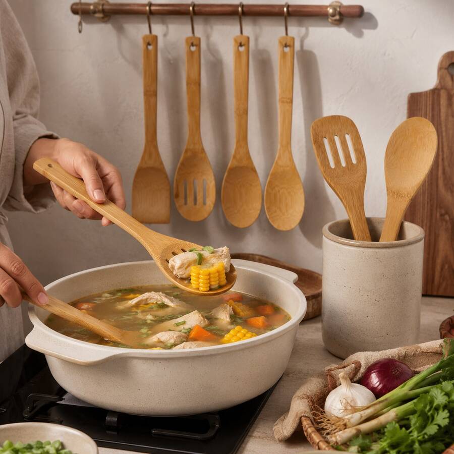 6件套竹制烹饪用具套装 - 包括汤勺、滤网、锅铲和炒锅铲 - 适用于不粘锅和炒锅 - 彩色 - 查看 1
