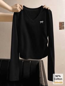 Women's Autumn/Winter Long Sleeve V-Neck Black T-Shirt, Versatile Slimming Solid Color Base Layer Top Casual - Black - View 1