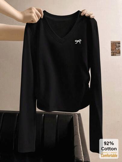 Women's Autumn/Winter Pure Cotton Long Sleeve V-Neck Black T-Shirt, Versatile Slimming Solid Color Base Layer Top