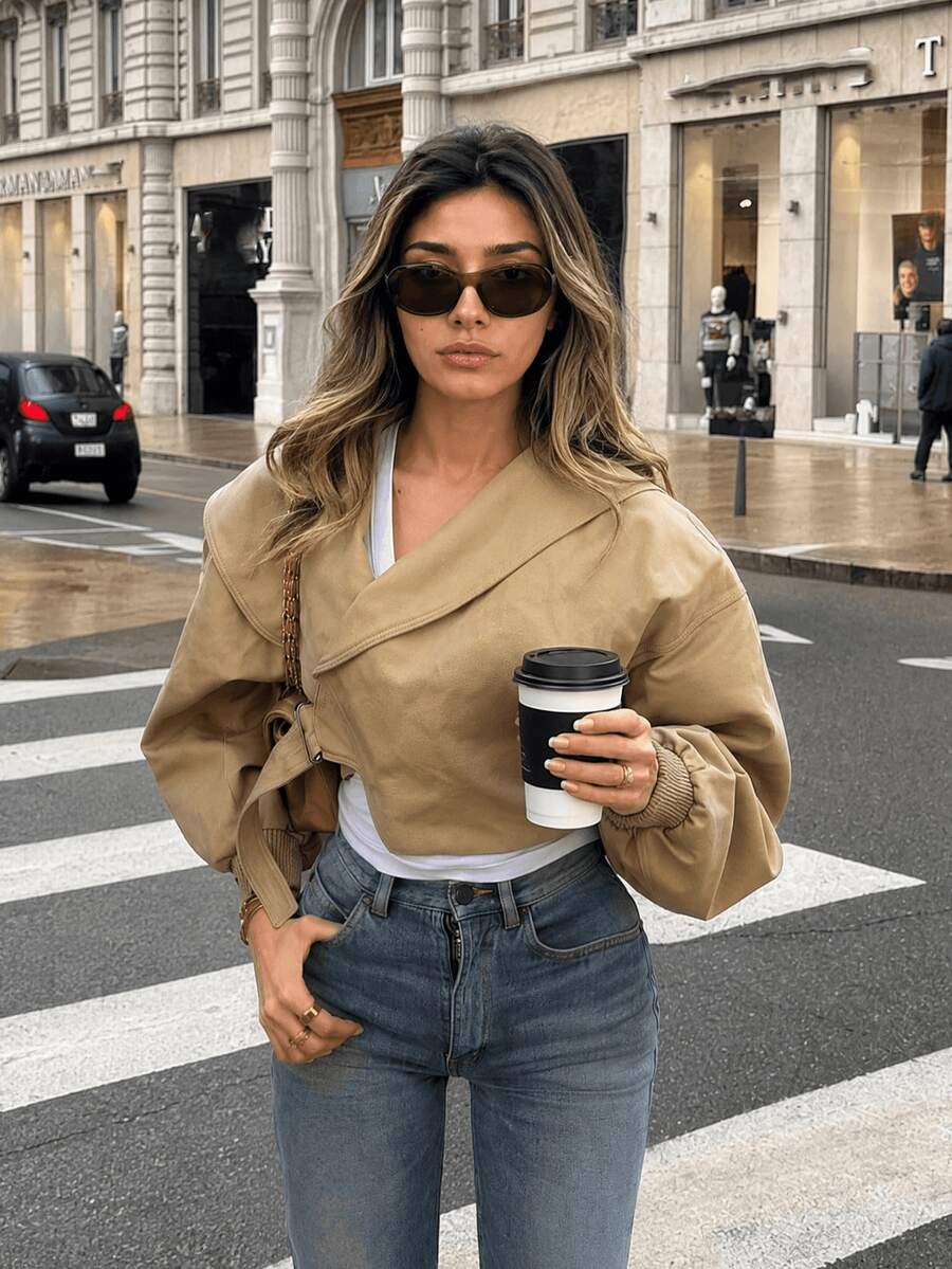 GDDYIN Women's New Casual Streetwear Oversized Lapel Short Coats - Khaki - View 1
