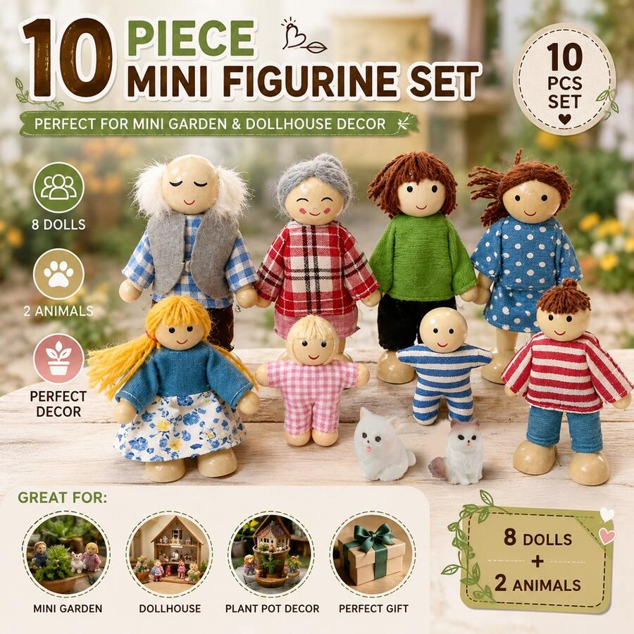10pcs Miniature Wooden Family Figures Set With Cat And Dog, Posable Dollhouse Characters, Micro Landscape Garden Decor, Home Desktop Decoration Gift