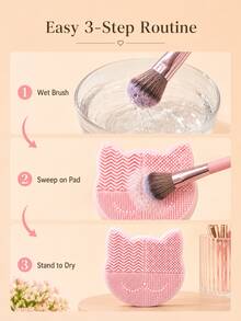 2-In-1 Silicone Makeup Brush Cleaning Pad With Brush Drying Rack, Portable Cat-Shaped Makeup Brush Cleaning Pad, Manual Makeup Brush Cleaning Machine - Multicolor - View 3