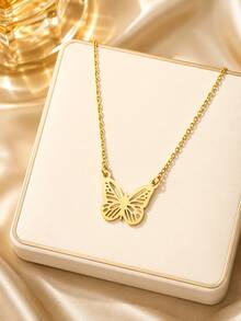 1pc Minimalist Luxury Stainless Steel Gold Hollow Butterfly Pendant Thin Chain Necklace, Suitable For Women Daily Wear, Party, Wedding And Festival Gift, Women's Gold Jewelry Accessory - Butterfly - View 1