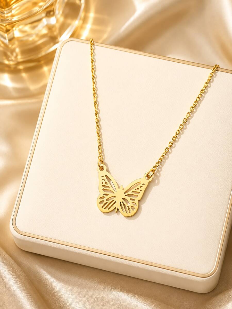 1pc Minimalist Luxury Stainless Steel Gold Hollow Butterfly Pendant Thin Chain Necklace, Suitable For Women Daily Wear, Party, Wedding And Festival Gift, Women's Gold Jewelry Accessory - Butterfly - View 1