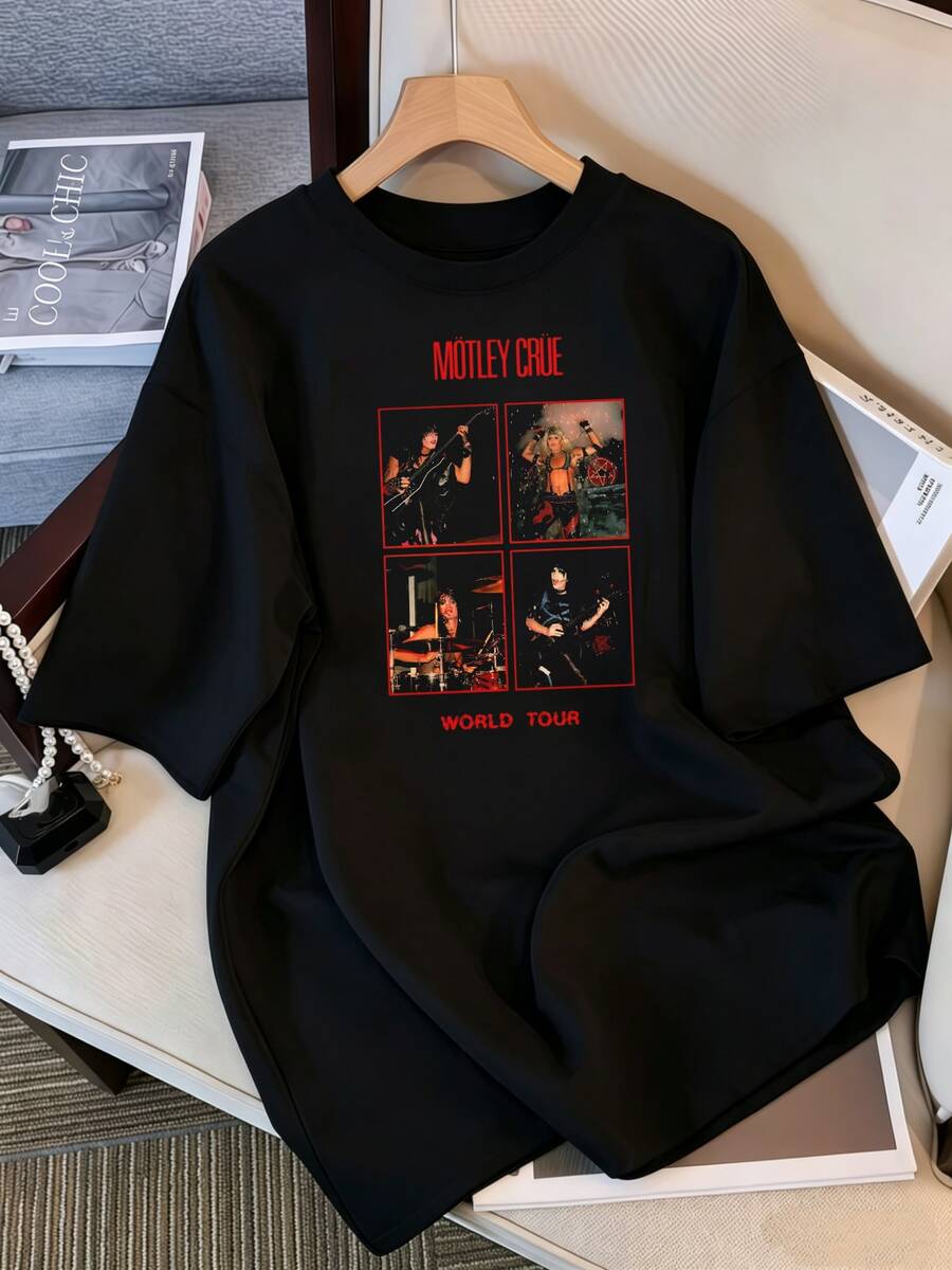Unisex Mötley Crües World Tour Rock Band Graphic T-Shirt, 80s Vintage Style, Retro, Hard Rock, Streetwear, Casual, Short Sleeve - Black - View 1