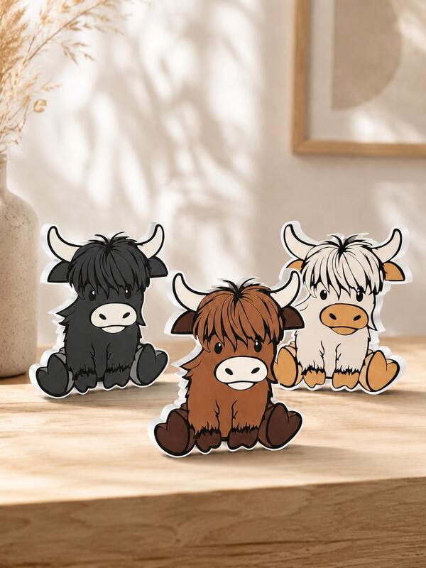 3Pcs Cute Highland Cow PVC Tabletop Decor Set, Cartoon Farm Animal Freestanding Ornaments, Rustic Country Home Decoration For Living Room, Bedroom, Office Desk, Bookshelf, Coffee Table, Nursery And Housewarming Gift