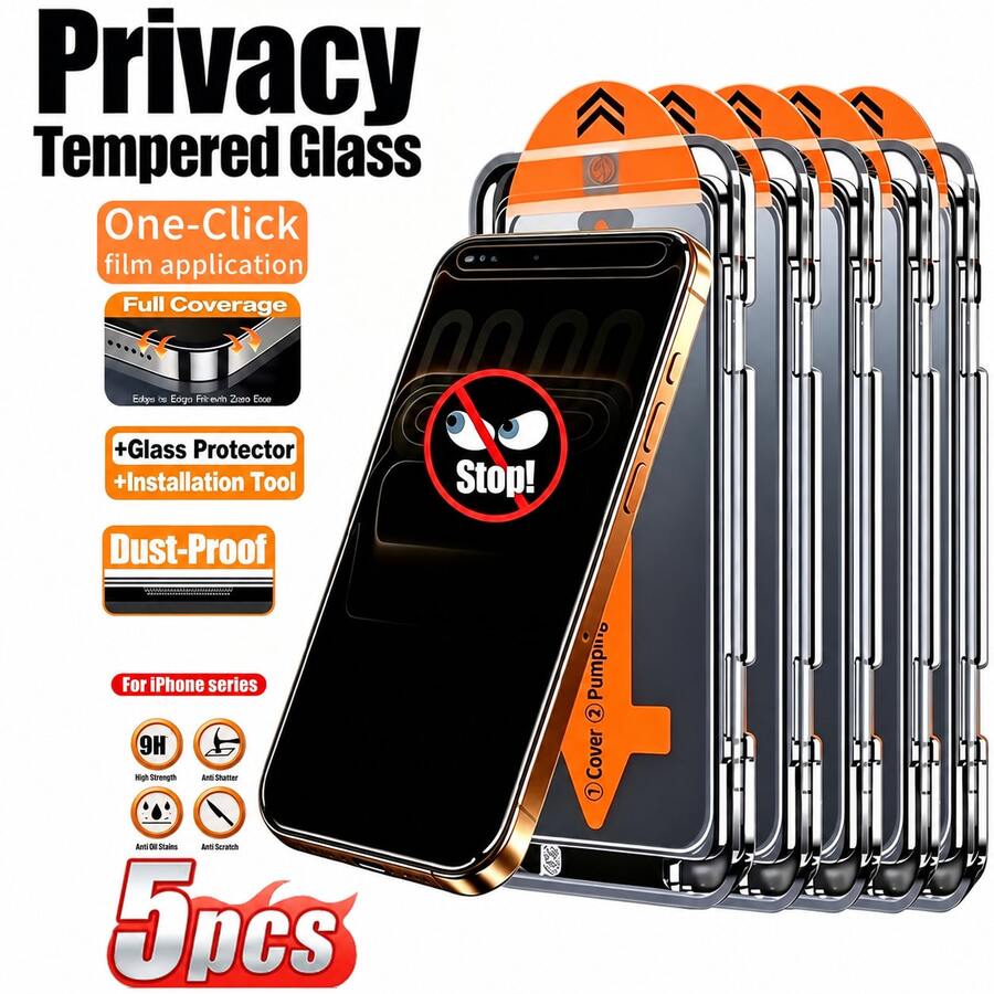 CASECOPS 5Pcs Privacy Tempered Glass Screen Protector Film, With One-Click Installation Tool, Auto Dust Removal, High Definition Transparent 9H Hardness Tempered Glass, Full Coverage, Anti-Scratch, Anti-Fingerprint, Bubble-Free, Easy Installation, Compatible With IPhone 17/16/15/14/13/12/11 All Series, Suitable For Daily, Office And Home Use, High-Quality Cell Phone Accessories - 5Pcs - View 1