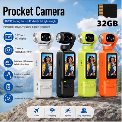 4K Action Camera With 180° Rotating Design, Suitable For Vlog Video Recording, Capturing Life Scenes, Handheld Shooting, Equipped With 1.97-Inch Screen, 32G Memory Card