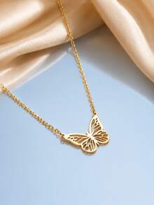 1pc Minimalist Luxury Stainless Steel Gold Hollow Butterfly Pendant Thin Chain Necklace, Suitable For Women Daily Wear, Party, Wedding And Festival Gift, Women's Gold Jewelry Accessory - Butterfly - View 2