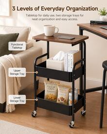 3-Tier Rolling Side Table With Tabletop & 2 Mesh Storage Baskets, Compact Mobile Utility Cart With 4 Caster Wheels For Sofa, Bedside, Office, Snacks & Makeup - View 4