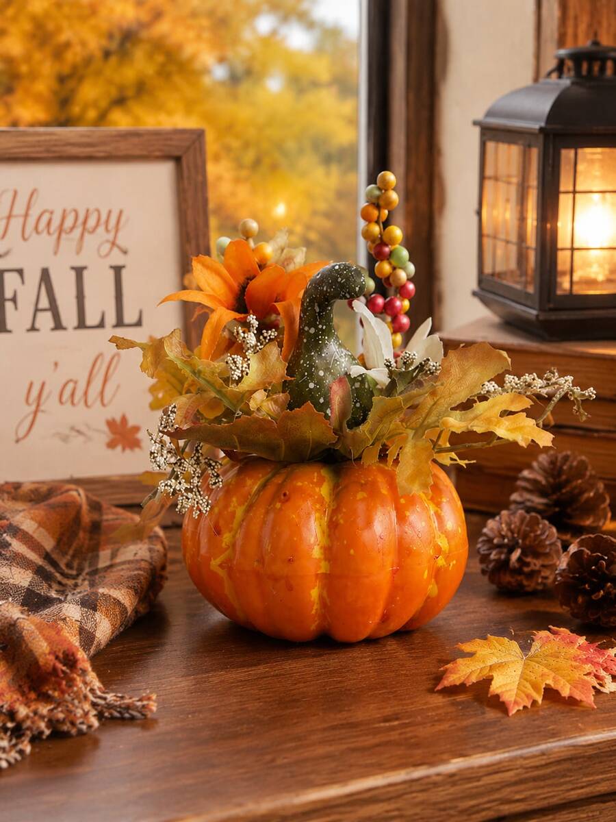 1pc Simulation Pumpkin Desktop Floral Decoration Simulation Maple Berry Pumpkin Flower Arrangement Suitable For Centerpiece Decoration Halloween Parties And Thanksgiving Autumn Decoration Bedroom Autumn Room Decoration