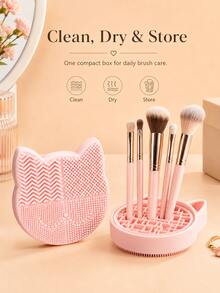 2-In-1 Silicone Makeup Brush Cleaning Pad With Brush Drying Rack, Portable Cat-Shaped Makeup Brush Cleaning Pad, Manual Makeup Brush Cleaning Machine - Multicolor - View 6