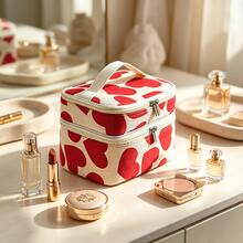 Corduroy Large Heart Double Layer Square Cosmetic Bag Women's Handbag Portable Makeup Organizer Bag Double Layer Storage - Red - View 5