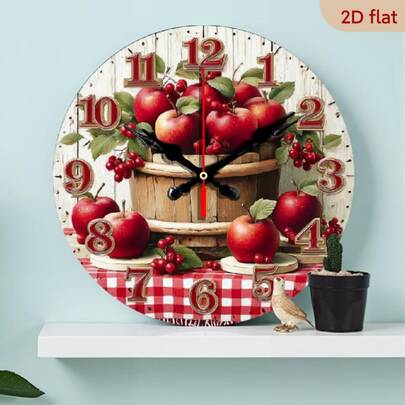 Wooden Wall Clock-Vintage Silent Wall Clock(Red Apple And Checkered Background)- Artificial Wood Round Clock, Suitable For Home, Kitchen, Coffee Shop- Quartz Battery Powered(AA Battery)- Digital Display- No Night Light Decoration(